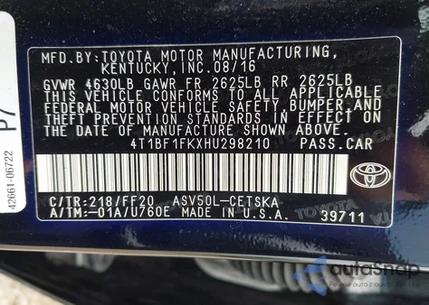 2017 Toyota Camry Se from USA, damaged, VIN 4T1BF1FKXHU298210